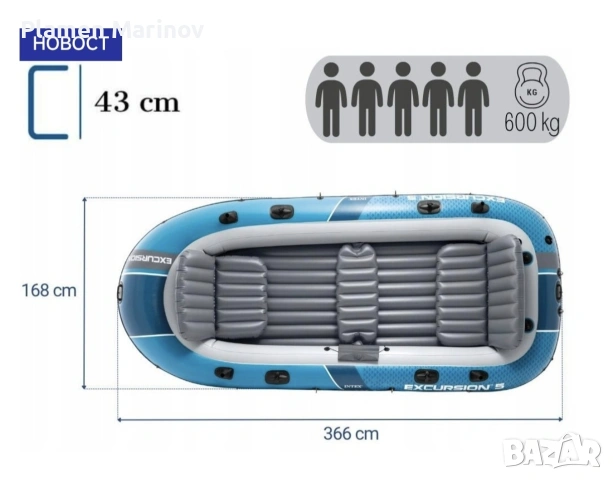 Надуваема 5 места лодка с извънбордов електрически мотор , снимка 2 - Водни спортове - 53968316