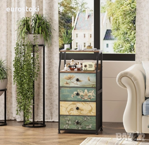 Скрин VEDECASA, скрин с 4 чекмеджета от плат, с отворен рафт, метална рамка, дървен плот, винтидж , снимка 2 - Скринове - 52777394