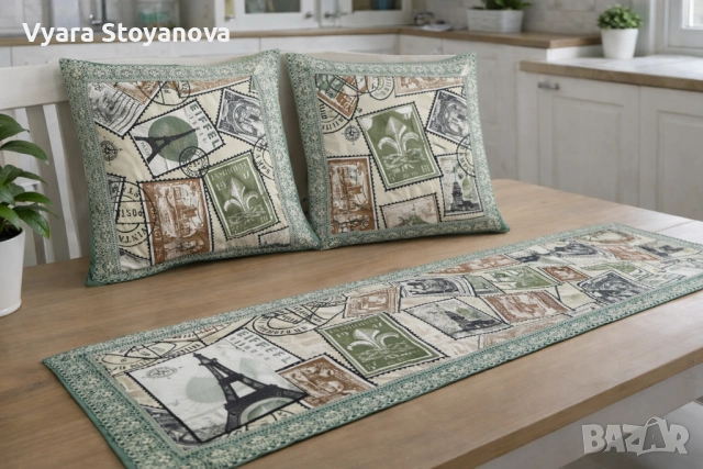 Комплект 2 калъфки и рънър . Материала е дук. Калъфките са 40/40 и 35/35  Рънър 35/180. 