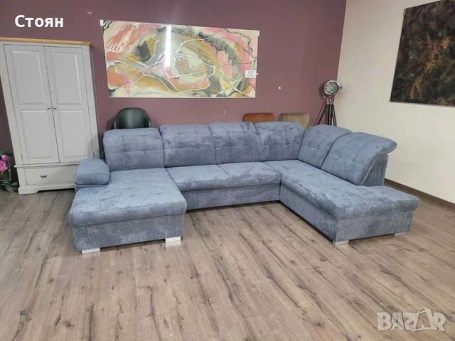 ПРОМОЦИЯ!!!Сив П-образен ъглов диван от плат рипсено кадифе Nixon