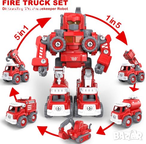 Конструктор Трансформърс робот 5в1 Toyabi LM906-B Fire truck STEM 5 колички пожарни коли превозни ср, снимка 6 - Конструктори - 46612243