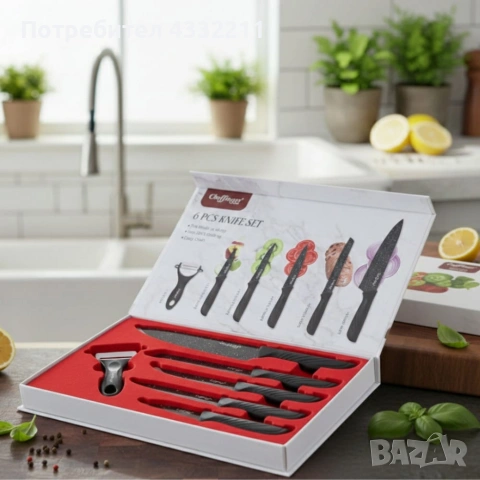 Комплект кухненски н о ж о в е Cheffinger MB09 – 6 части с мраморно покритие и магнитна кутия