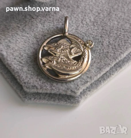 Сребърна висулка „Риби“ с фианит – 925 проба, снимка 2 - Колиета, медальони, синджири - 50895971