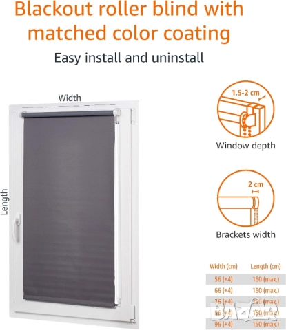 Плътна Щора Amazon Basics Blackout Roller Blind 86×150 см – Термоизолиращи, UV Защита, Без Пробиване, снимка 2 - Декорация за дома - 52654627