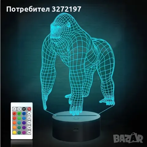 Холограмна 3D LED лампа Горила-дистанционно управление 16 цвята+други режими на управление, снимка 1 - Настолни лампи - 49514484