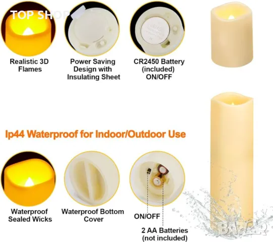 IMAGE Безпламъчни трептящи свещи, водоустойчиви LED стълбовидни, работещи с батерии,за декор,12 броя, снимка 7 - Декорация за дома - 49866373