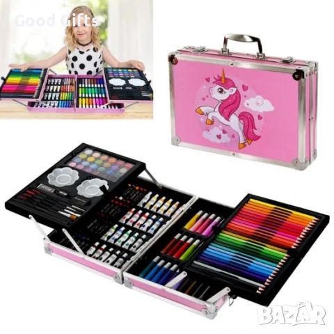 Голям детски комплект за рисуване -145 части в метален куфар с Еднорог, Розов, снимка 1 - Рисуване и оцветяване - 46291033