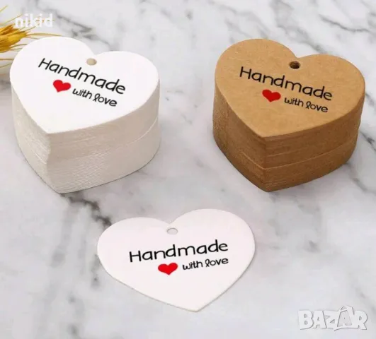 50 бр обли сърце сърца Handmade with love Тагове табелки етикети картонени подаръци ръчна изработка, снимка 3 - Други - 49876426