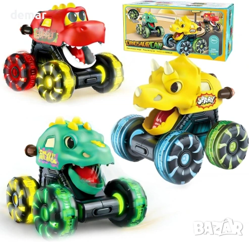 Играчки за деца с камиони динозаври, 3 броя играчки колички с динозаври със светещи колела