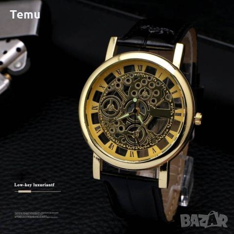 Изискан прозрачен мъжки ръчен часовник с кварцов механизъм и кожена каишка  "черен циферблат, снимка 4 - Мъжки - 45687403