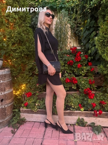 Дамска черна сатен памук рокля риза с колан и отворени ръкави , снимка 4 - Рокли - 49522099