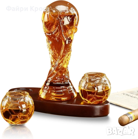 Стъклена бутилка Световна купа по футбол 750мл, 2бр чаши x 200мл, Комплект за уиски