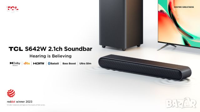 НОВ 2.1, 200W Soundbar TCL S642W, Bluetooth 5.3, Virtual X, Dolby, DTS, Subwoofer Wireless, Черен, снимка 1 - Аудиосистеми - 46458856