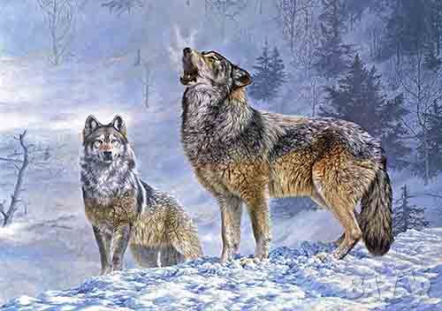 Зимен пейзаж с вълци, картина за ловци, снимка 1 - Картини - 46390217