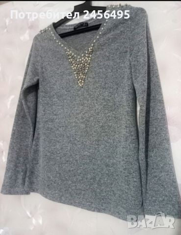 Сива блузка с перли,размер М-Л. Нова. 50%памук., снимка 1 - Блузи с дълъг ръкав и пуловери - 43966846