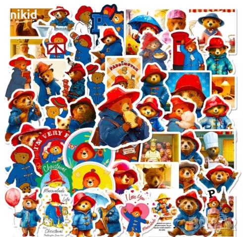 50 бр мече Мечето Падингтън самозалепващи лепенки стикери украса декор картонена торта