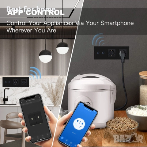 Смарт ключ за осветление и контакт Bseed – Wi-Fi, Стъклен панел, снимка 4 - Друга електроника - 52955540