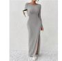 Дълга дамска рокля с цепка в сиво , снимка 1 - Рокли - 45469505