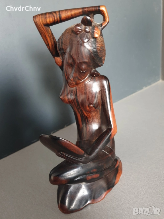 19см ръчна дърворезба статуетка/еротика/азиатска дървена скулптура/фигура на гола жена с огледало, снимка 1