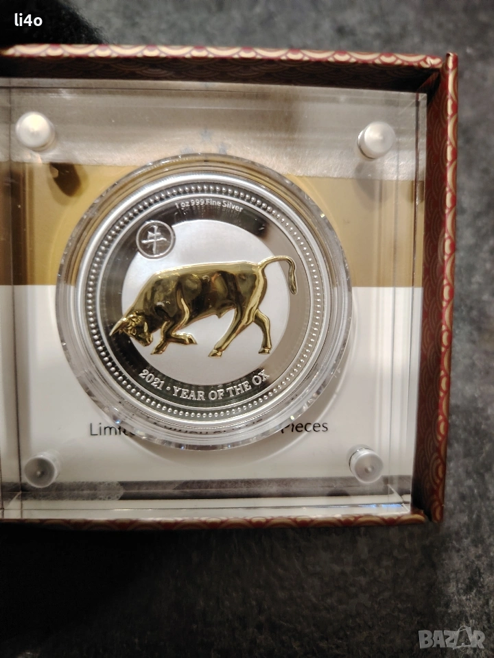 Сребърна монета с частично позлатяване 24 каратово златно покритие 1oz , снимка 1