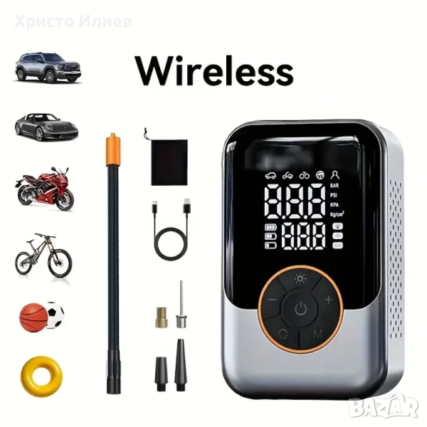 Преносим въздушен компресор за надуване на гуми Електрическа безжична помпа, снимка 1