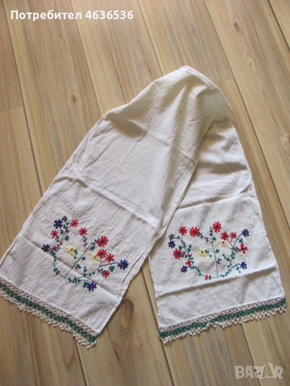 Кърпа, месал, ръчна бродерия и дантела, 144х30см., снимка 1
