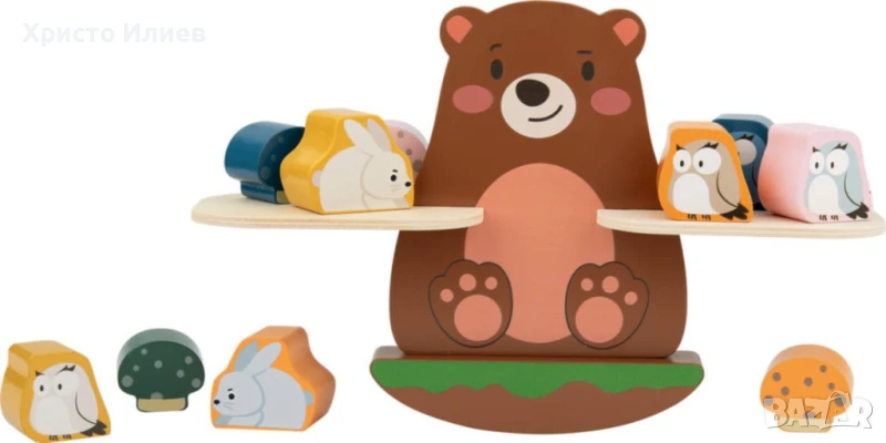 Дървена игра за баланс Дървена играчка балансиращо мече кантар, снимка 1