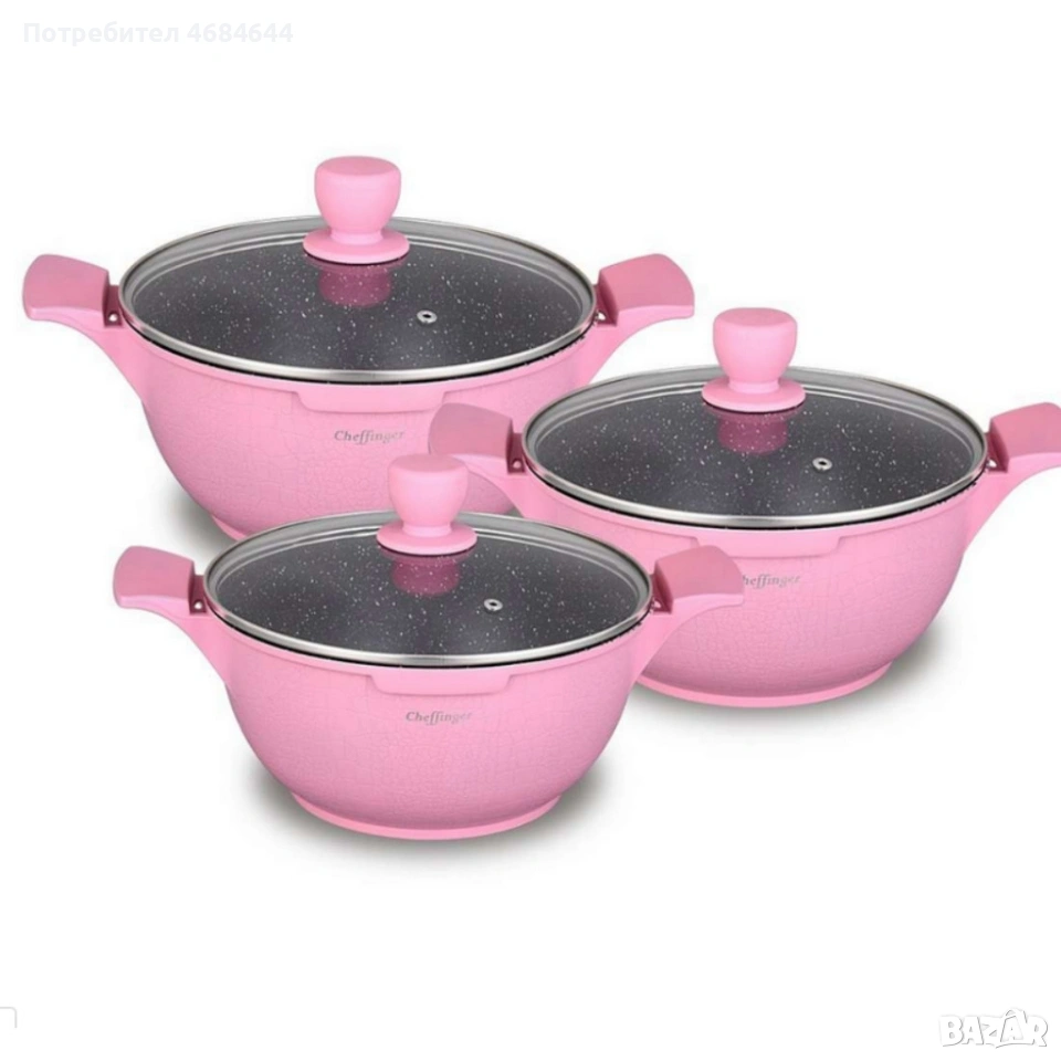 Комплект от 3 тенджери Cheffinger с мраморно покритие 20/24/28 см с капаци – незалепващи съдове , снимка 1