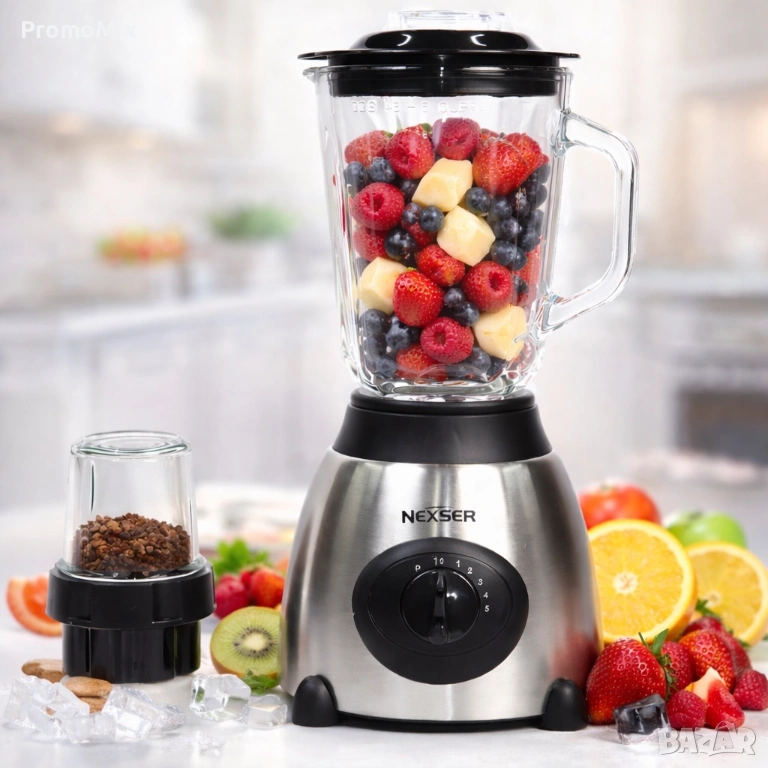 Блендер 2в1 Nexser NS1841S 1.5л 600W Мелничка Чопър Стъклена кана Лед Смути Шейк, снимка 1