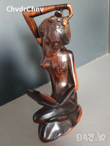 19см ръчна дърворезба статуетка/еротика/азиатска дървена скулптура/фигура на гола жена с огледало