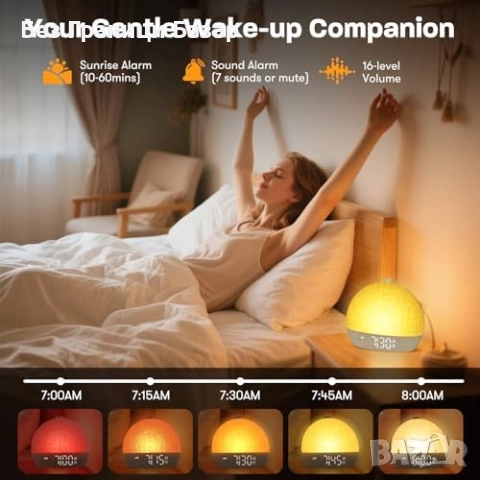 Нов Светлинен будилник със симулация на изгрев и 30 звука за сън стая дом, снимка 3 - Други стоки за дома - 51762391