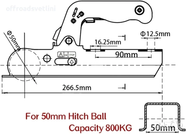Заключваща лапа тип квадрат за теглич 50мм за ремарке до 800 кг, снимка 2 - Аксесоари и консумативи - 51056859