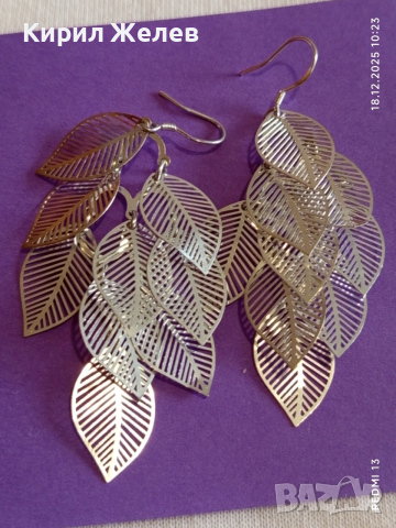 Модерни сребърни обеци във формата на листо нежни елегантен дизайн 52381, снимка 6 - Обеци - 52833898