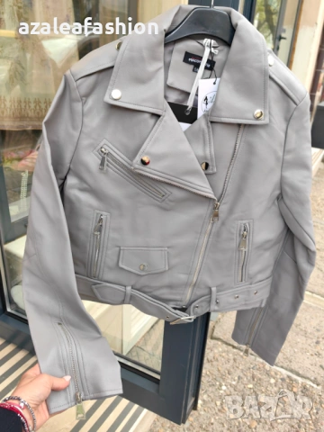 Дамско кожено яке - сиво