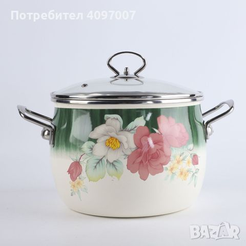 Тенджера Bohmann BH 8017-18F, 18*13см./2.4л. бял с цветя, емайл, снимка 1 - Съдове за готвене - 45523551