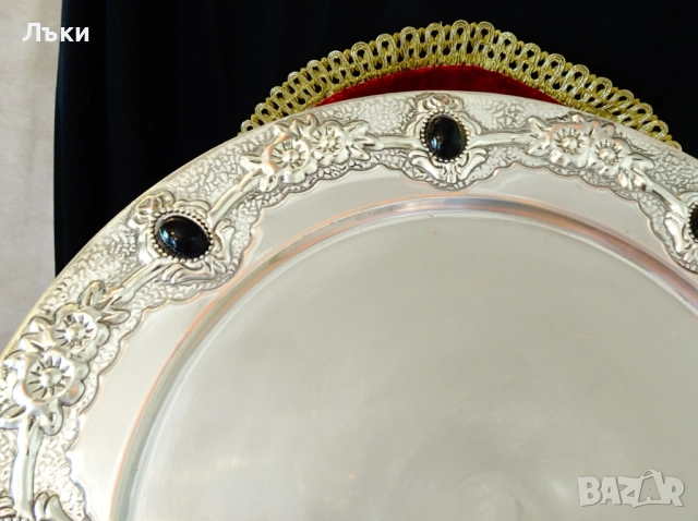 Посребрена поднос,рози,оникс 31 см. , снимка 2 - Антикварни и старинни предмети - 51781326