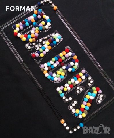 УНИКАЛНА черна тениска с надпис от разноцветни пухкави топченца и сребристи камъчета около тях, снимка 2 - Тениски - 45380808