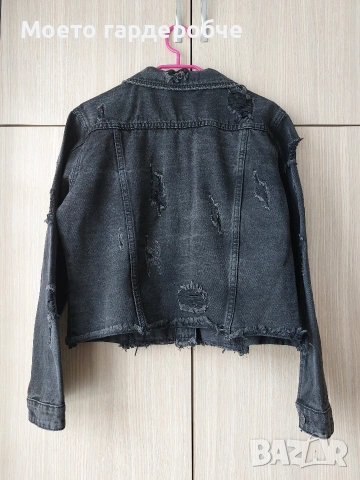 Дамско късо графитено черно дънково яке с накъсан ефект, снимка 2 - Якета - 53880815