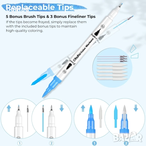 Ohuhu Maui Series маркери с два писеца тип четка и тънък писец, 160 цвята, снимка 3 - Ученически пособия, канцеларски материали - 52183232