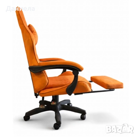 Оранжев велурен геймърски стол с поставка за крака – ергономичен, метална рамка, снимка 8 - Столове - 53237777