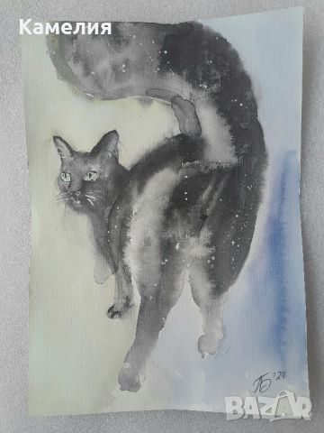 Картина - Черна котка - акварел 