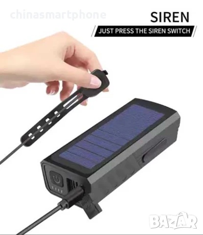 Соларен фар за велосипед с 3*T6 диода, сирена 120dB, 3000Lm, снимка 7 - Части за велосипеди - 50652060