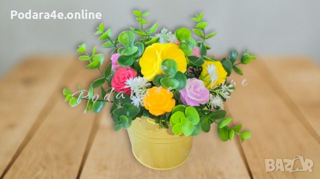 Букет от ароматни сапунени цветя в метална кофичка 💐 Подходящ подарък за всеки повод, снимка 5 - Декорация за дома - 45658084