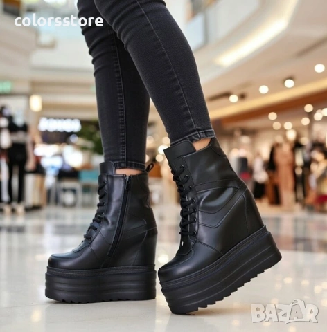 Боти на платформа - черна кожа - BML108 