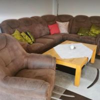 Ъглов диван с функция за спане и фотьойл и чекмедже, снимка 1 - Дивани и мека мебел - 45303534