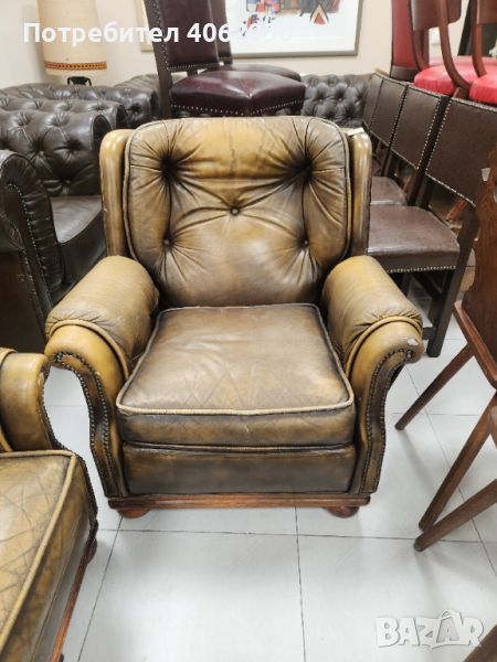 Кресло/фотьойл тип Честърфийлд, естествена кожа, цвят уиски., снимка 1
