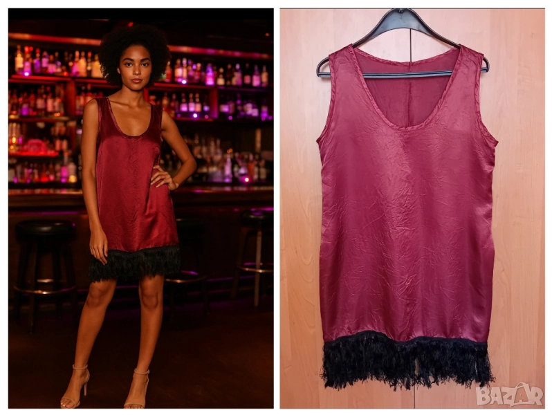 Сатенена рокля бордо с ресни, снимка 1