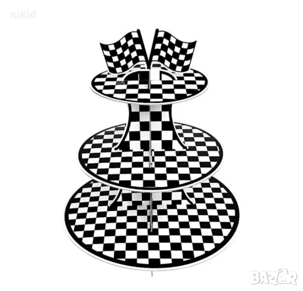 3 етажна Рали Черно бяла Триетажна поставка стойка за мъфини картонена кексчета, снимка 1