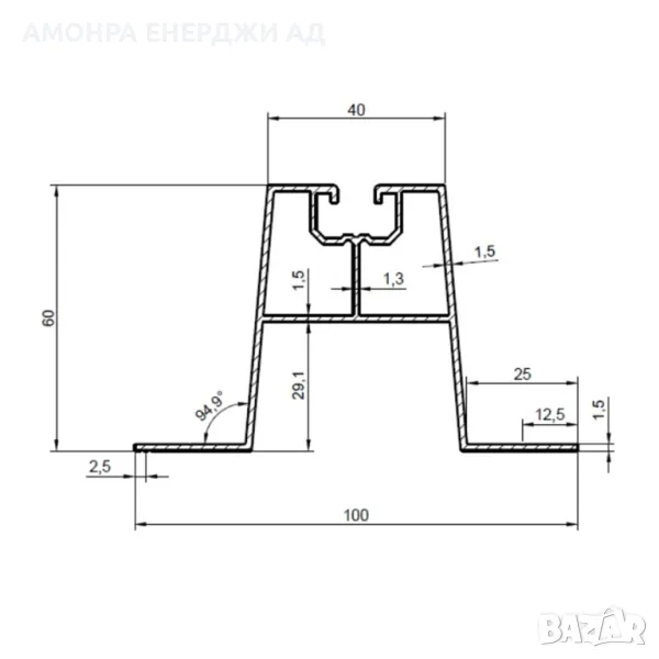 Алуминиев профил AR2 5,1 м 100х60 Трапецовиден профил.Използва се за монтаж на соларни панели., снимка 1