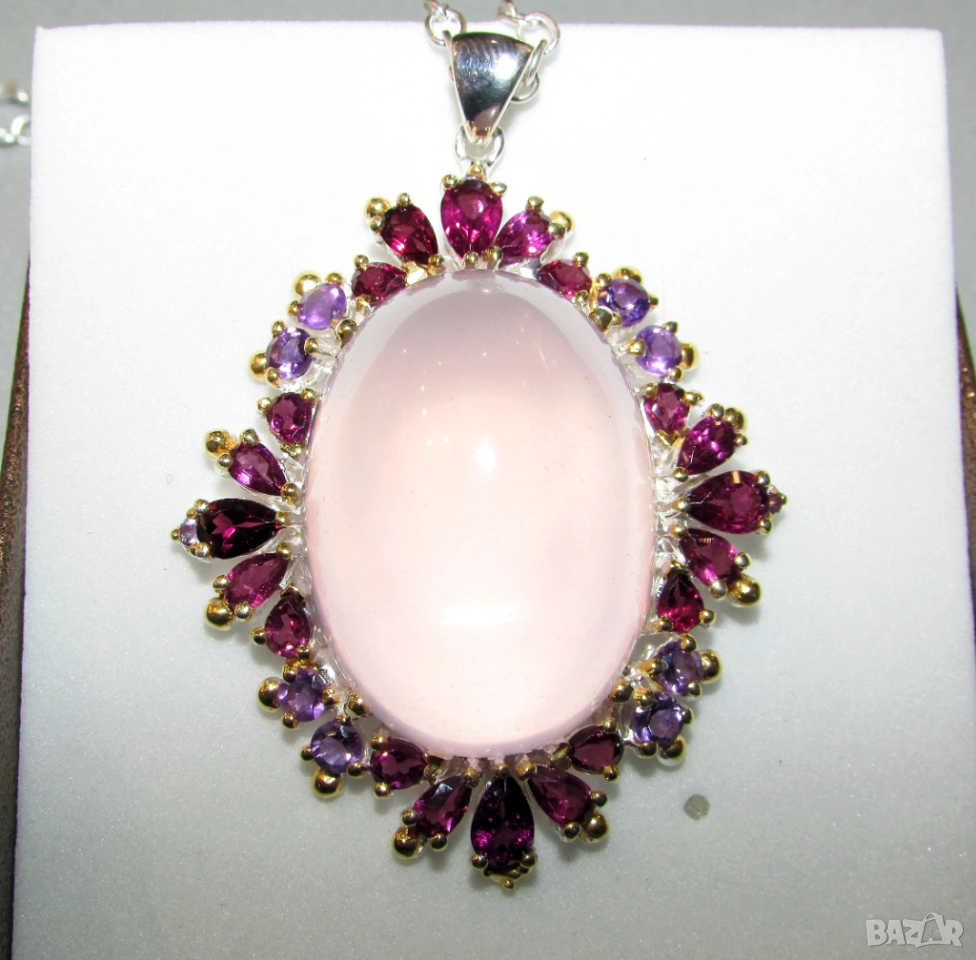 925 сребърно колие с огромен розов кварц 64 карата, снимка 1